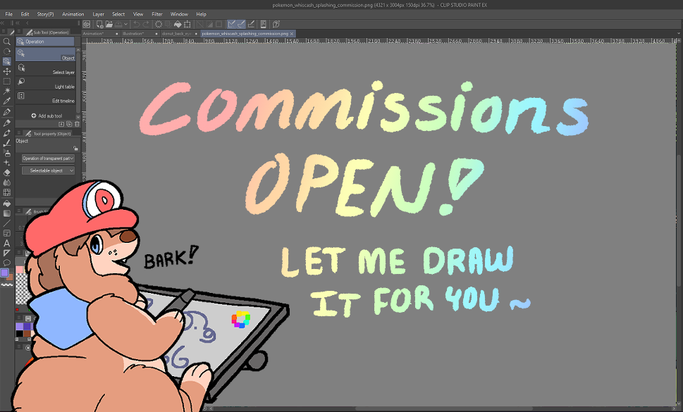 Banner for the store showing that commissions are open