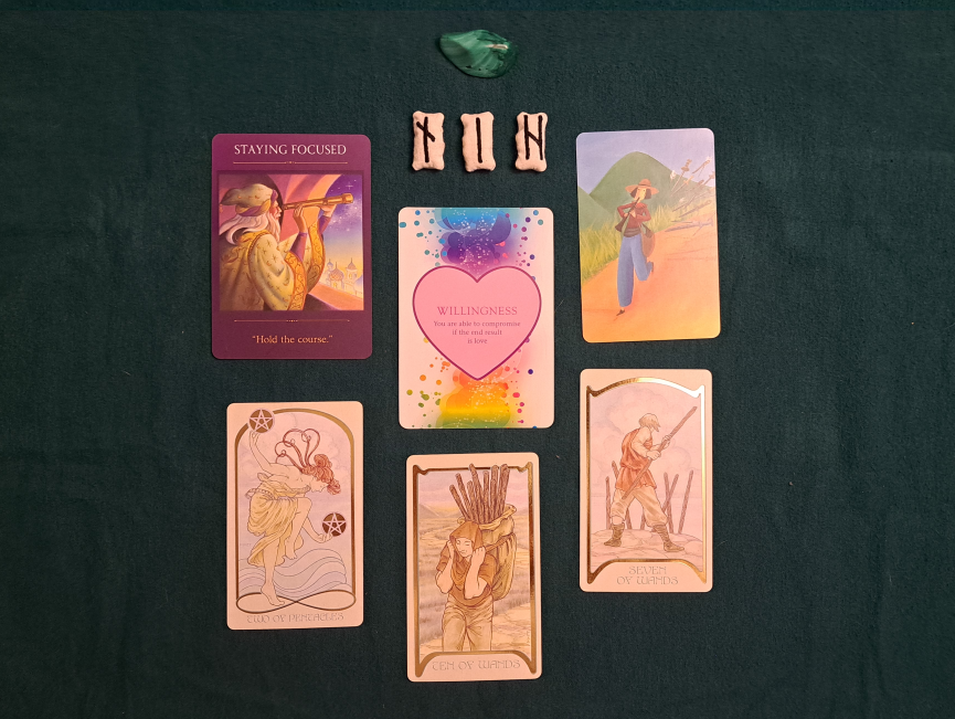 Runes: (n)(i)(h) Heart: Willingness. Guiding light: Staying Focused. Story:Pied Piper Tarot: two of pentacles, ten of wands, seven of wands.