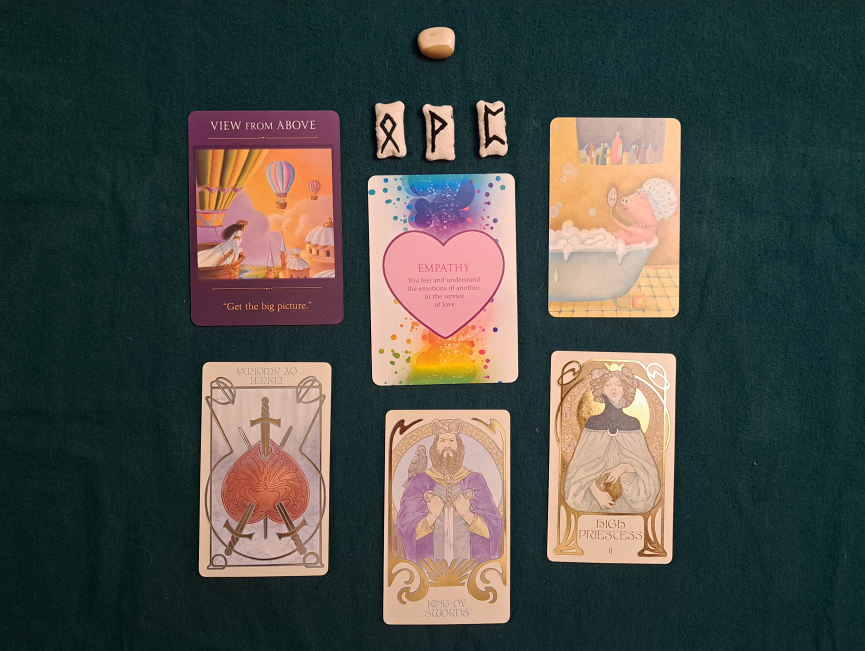 Runes: (othilo)(wunju)(pertho) Heart: Empathy. Guiding light: View From Above. Story:Pig in a bath Tarot: Three of swords(reversed), king of swords, high priestess