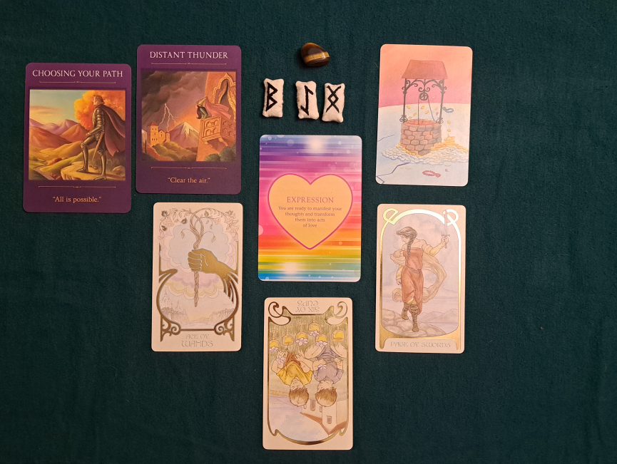 Runes: (Berkana)(Eihwaz)(Ingwaz) Heart: Expression. Guiding light: choose your path and distant thunder. Story:Wishing well overflowing Tarot: Ace of wands, six of cups(reversed), page of swords