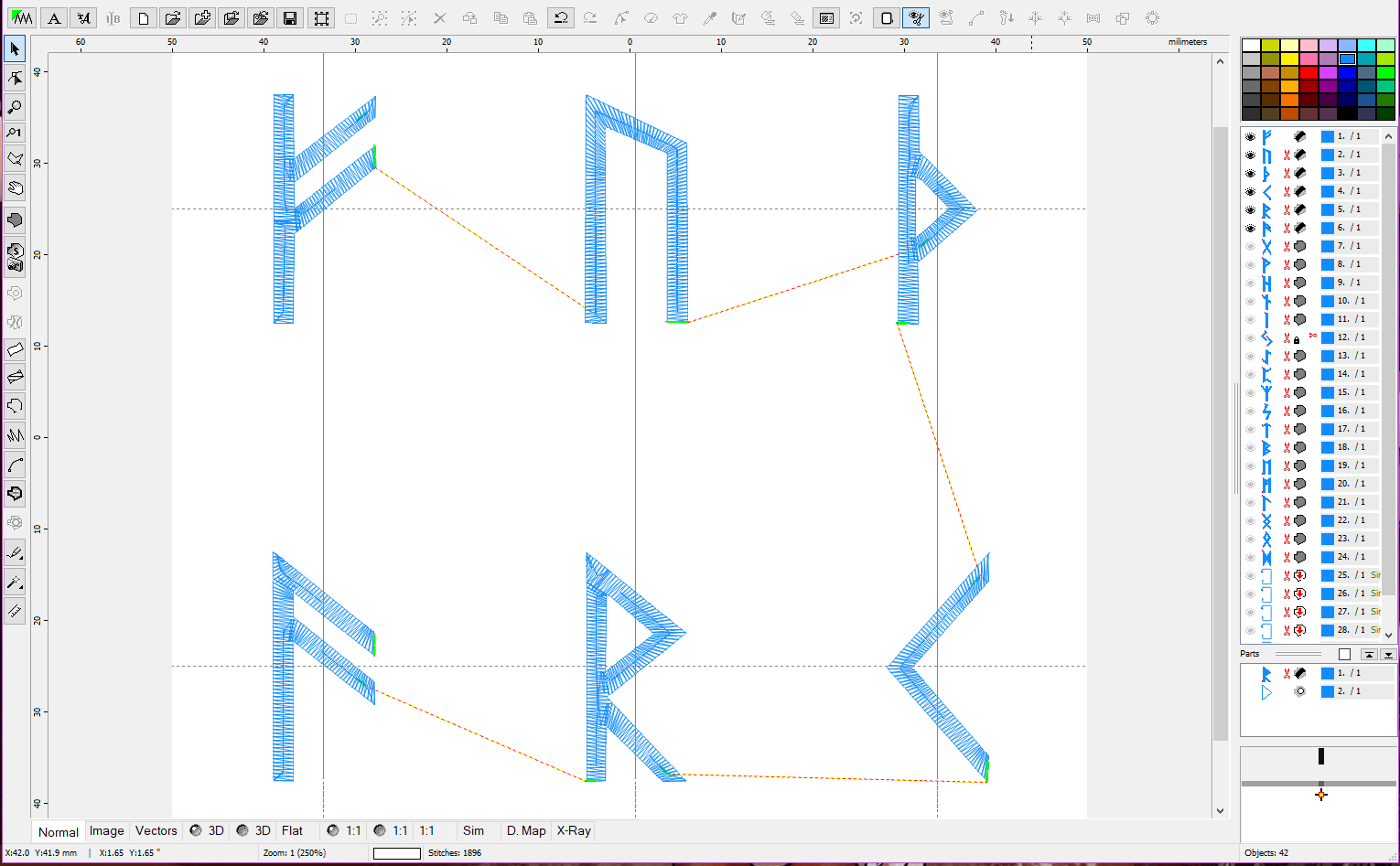 An image of my embroidery software showing the programmed stiches