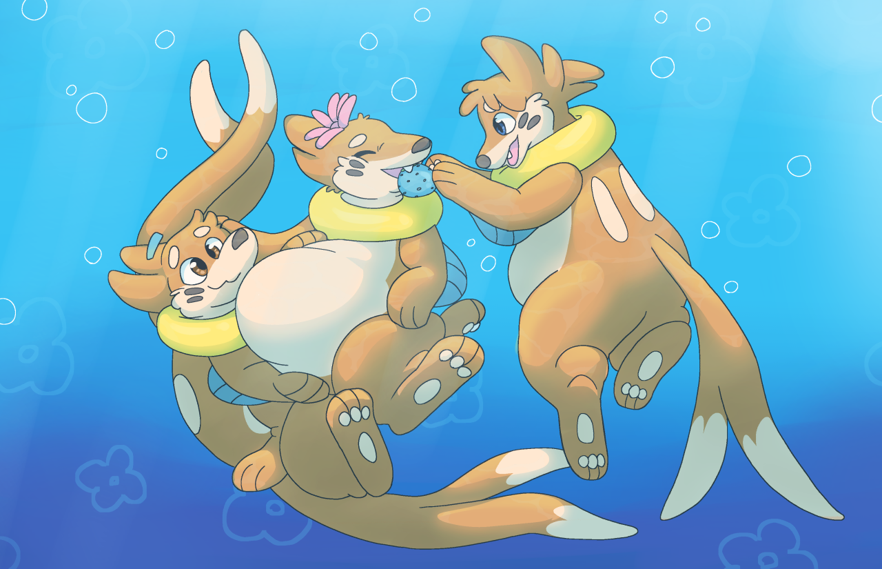 drawing of a group of buizels sharing food and belly rubs.