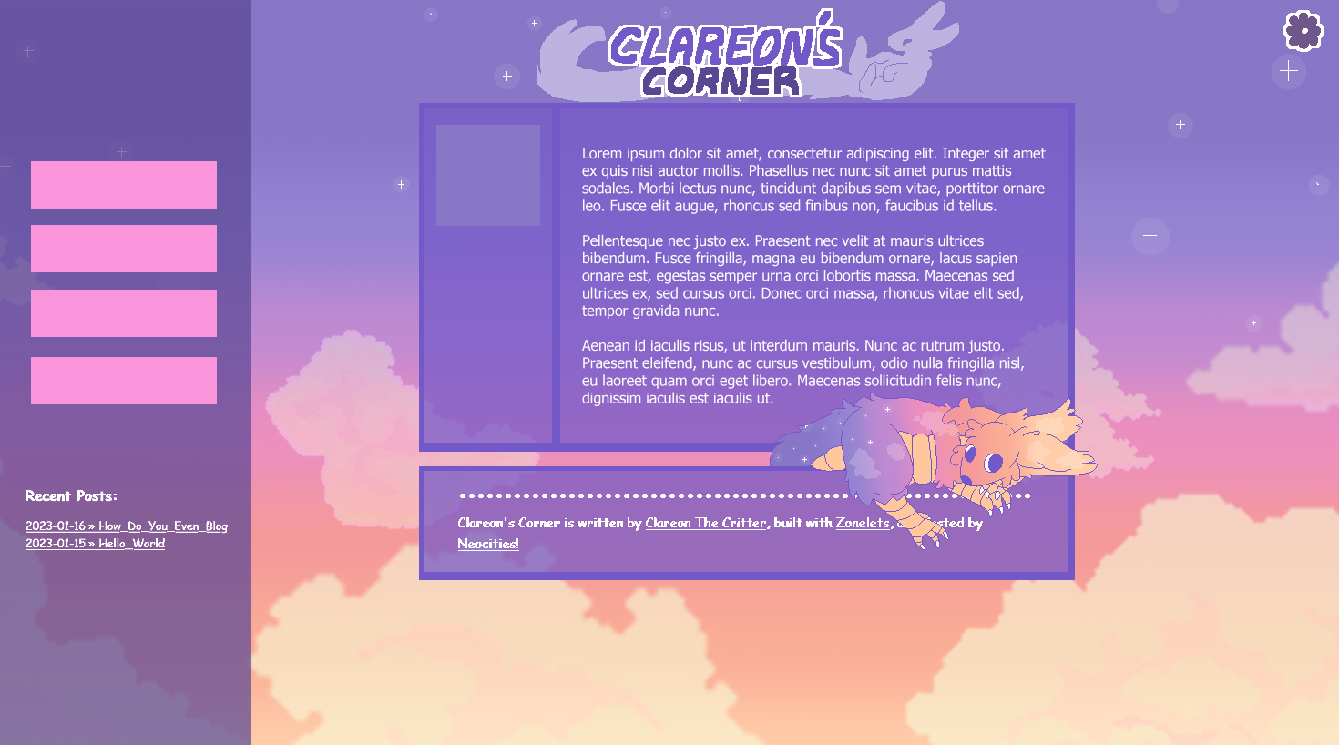 Mockup of the new website design with a pastel sunset and pixly clouds and stars. It looks pretty cozy to me!