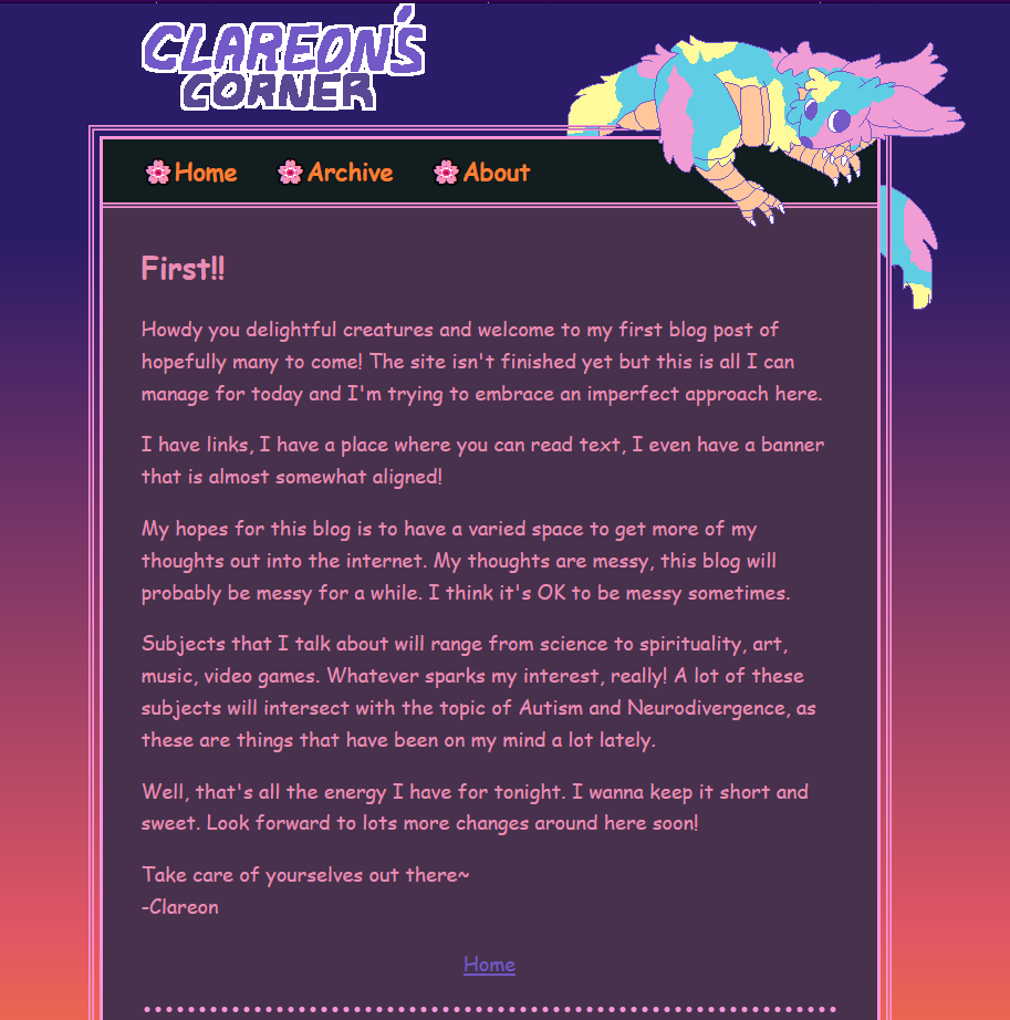 Depiction of the first draft of this website. It's looking a 'lil rough but well cared for.